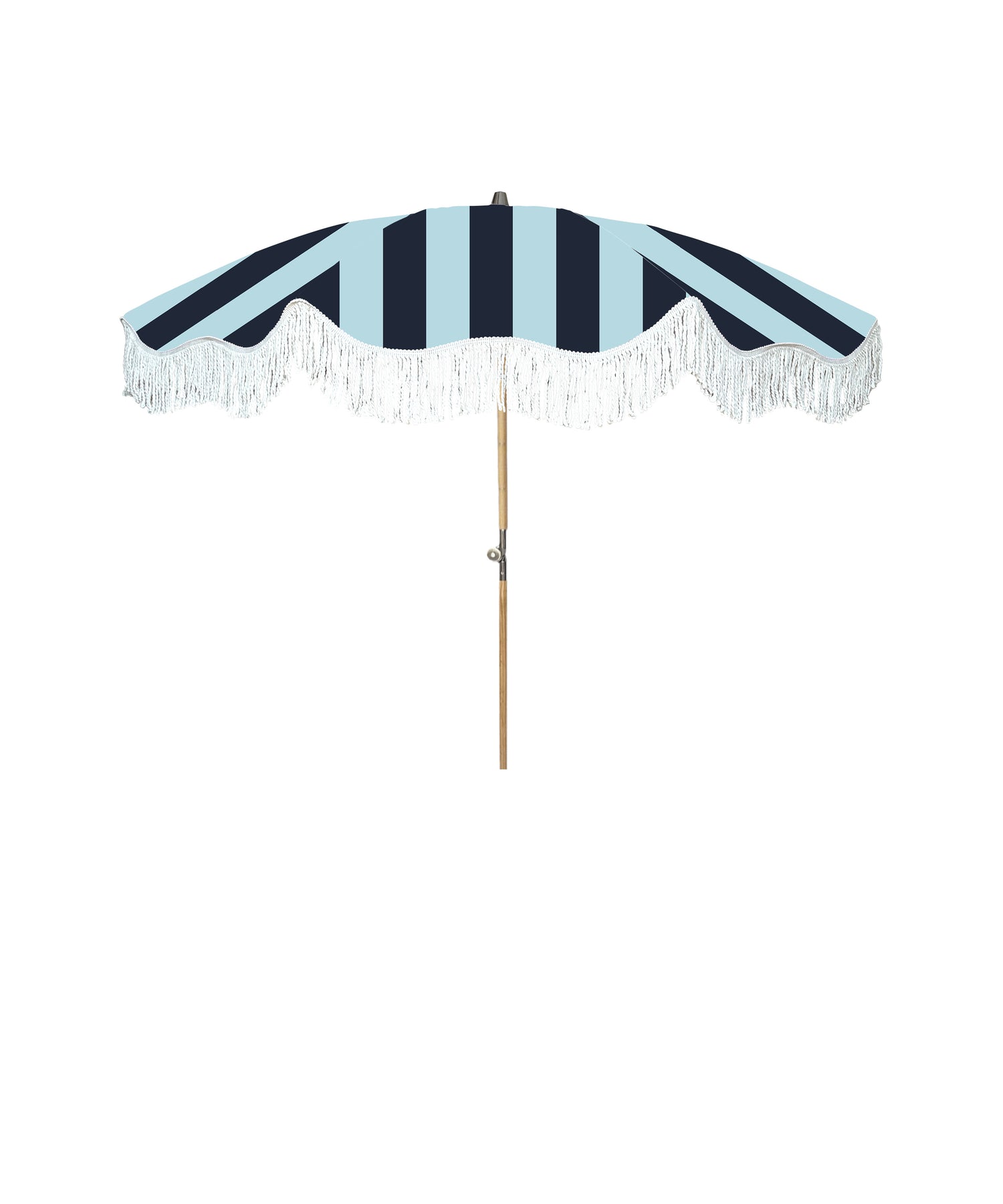 Mini Archie parasol with natural cotton fringing, wooden frame, adjustable positioning, perfect for children or park outings, includes matching carry bag