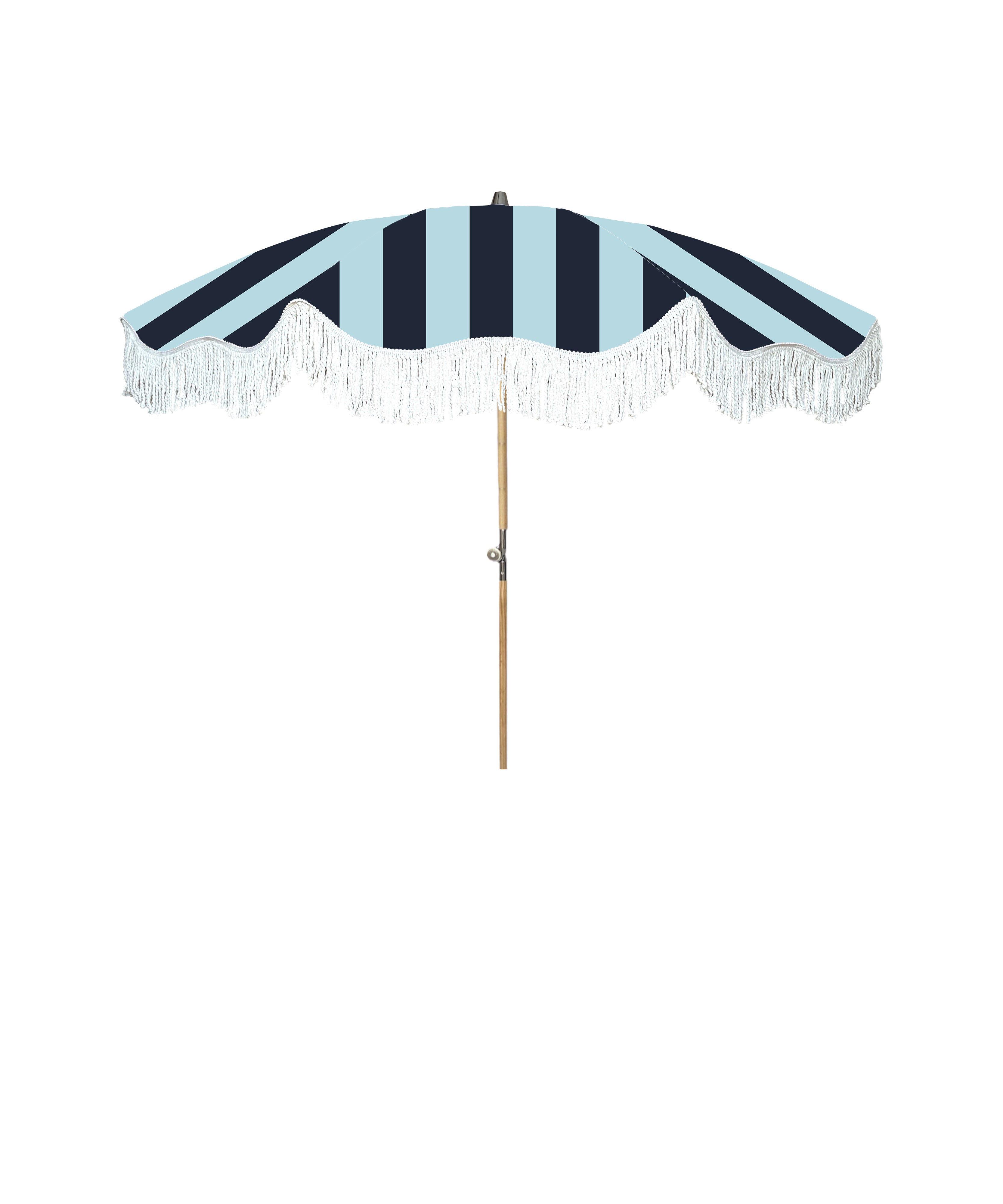 Mini Archie parasol with natural cotton fringing, wooden frame, adjustable positioning, perfect for children or park outings, includes matching carry bag