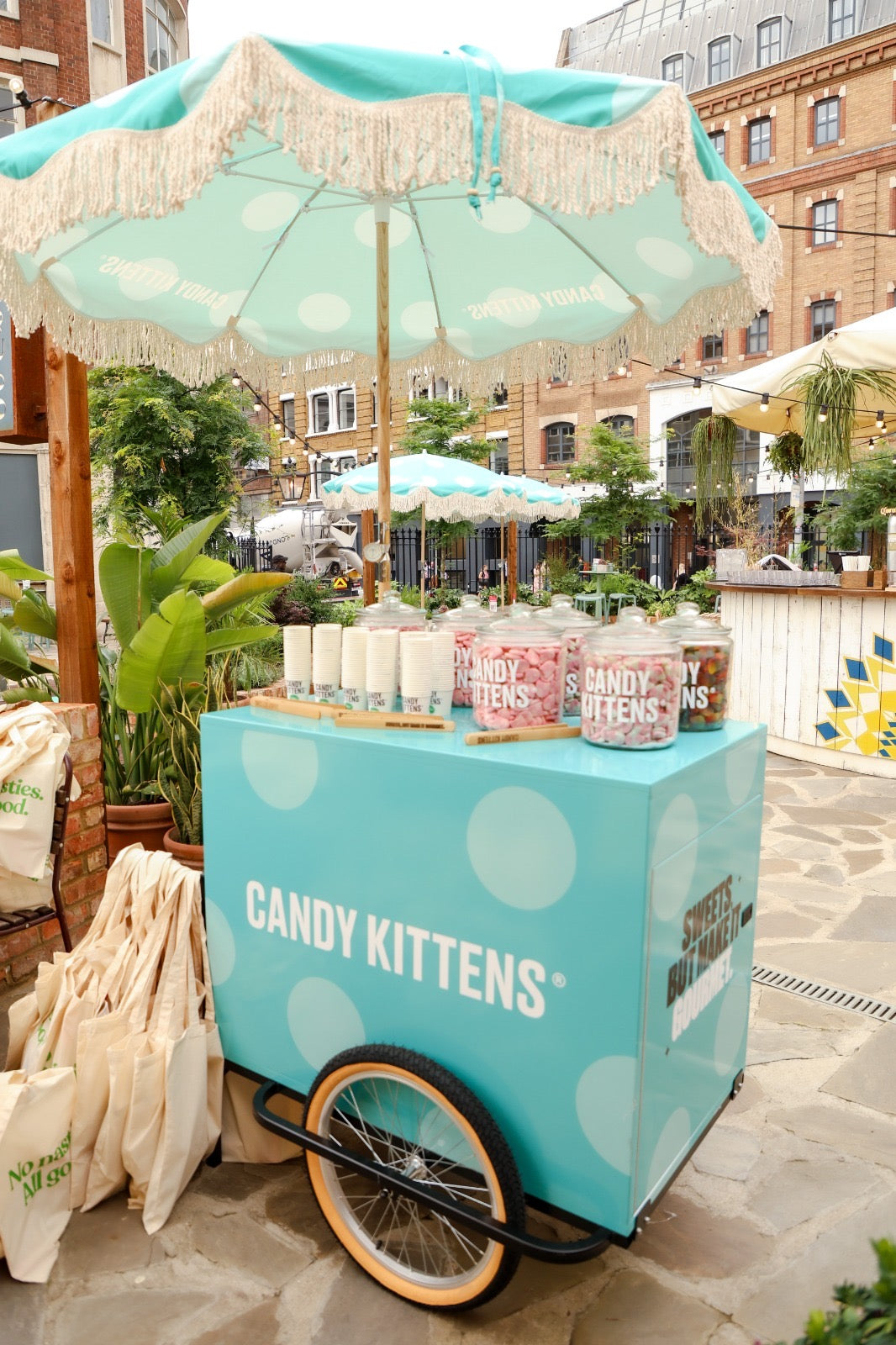 Bespoke Parasol Umbrella Fringing. Candy Kittens parasol.