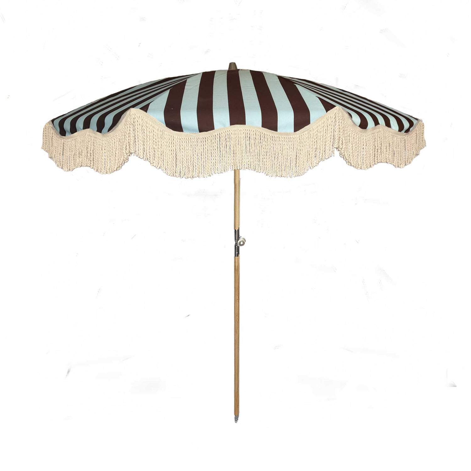 Mary blue and brown striped parasol with cotton fringing and beech wood frame