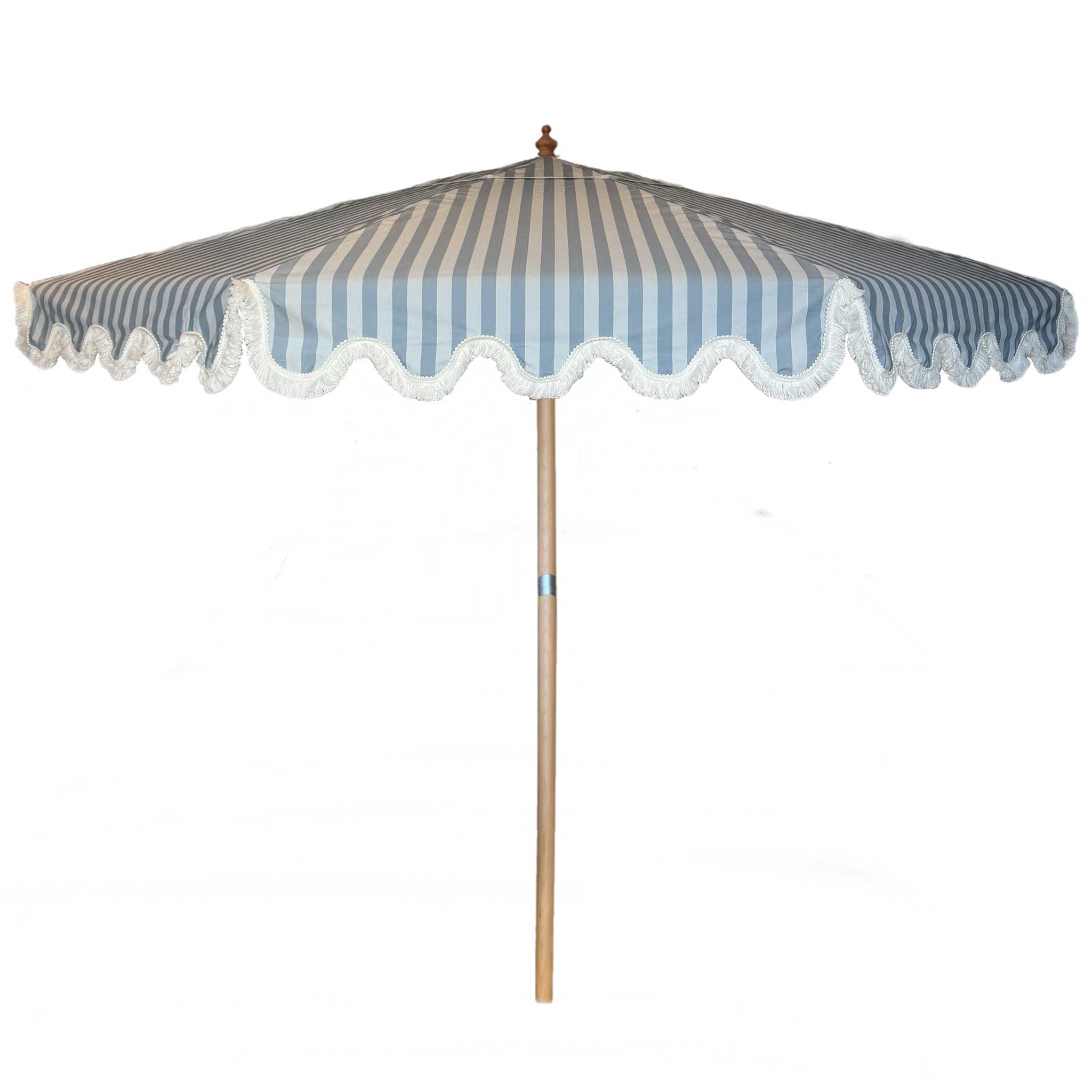 Rupert blue striped parasol with wavy fringed edge and durable frame, perfect for garden or patio