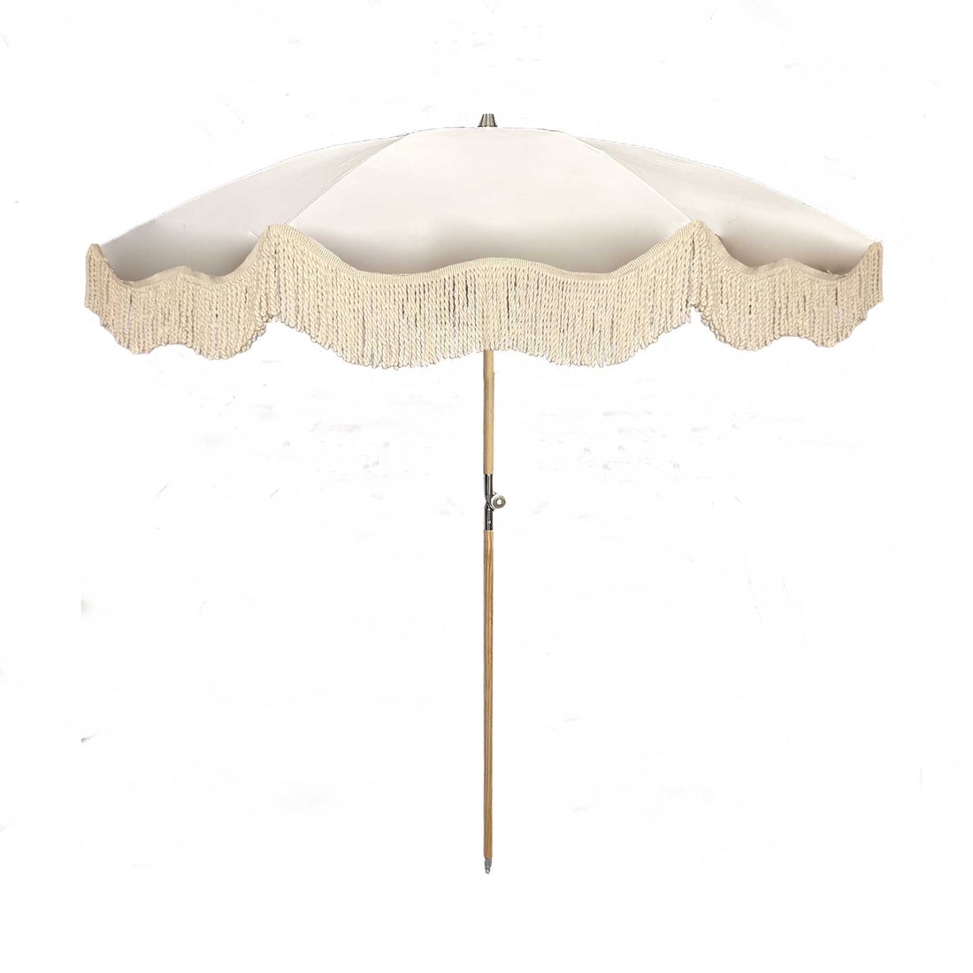 The Cynthia chic pastel parasol with natural cotton fringing, adjustable wooden frame pole, collapsible design, and matching canvas carry bag.