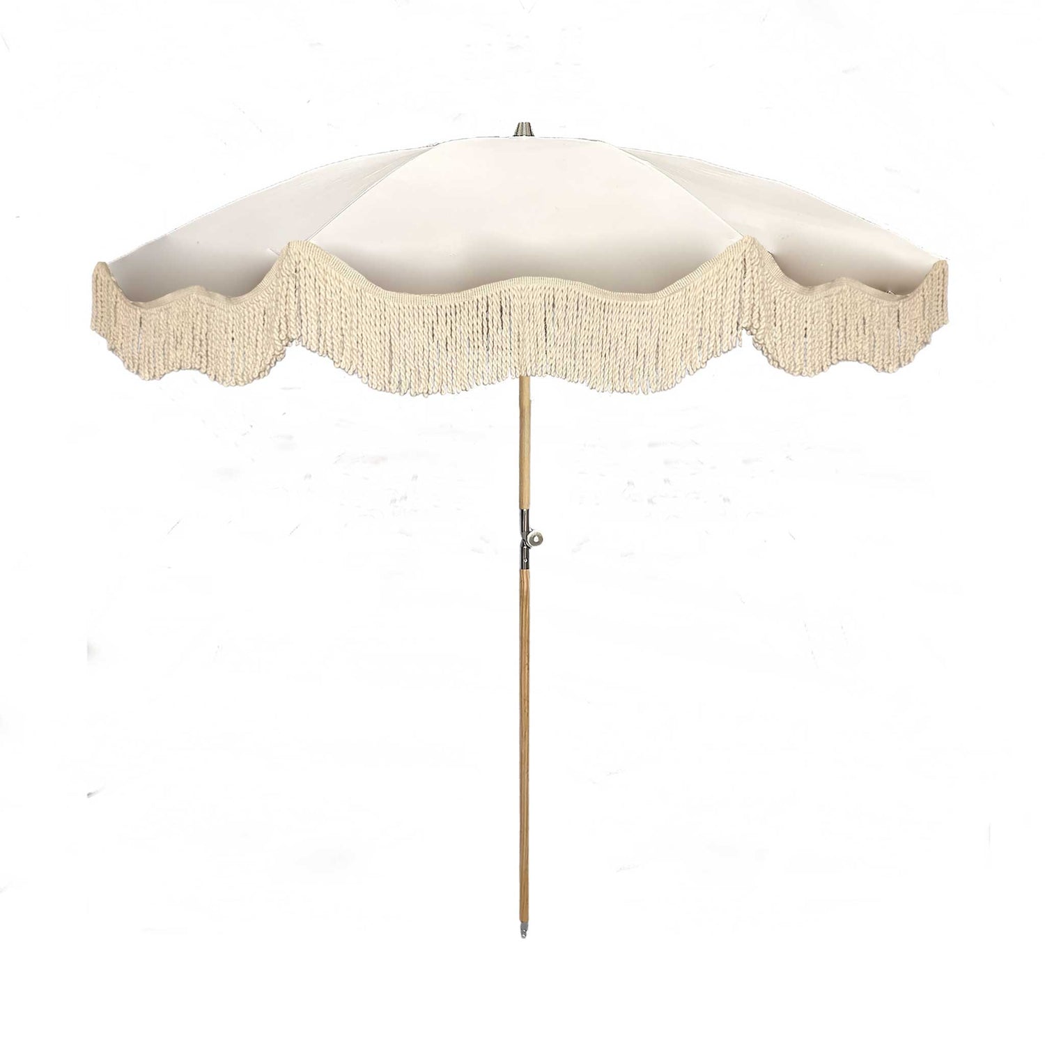 The Cynthia chic pastel parasol with natural cotton fringing, adjustable wooden frame pole, collapsible design, and matching canvas carry bag.