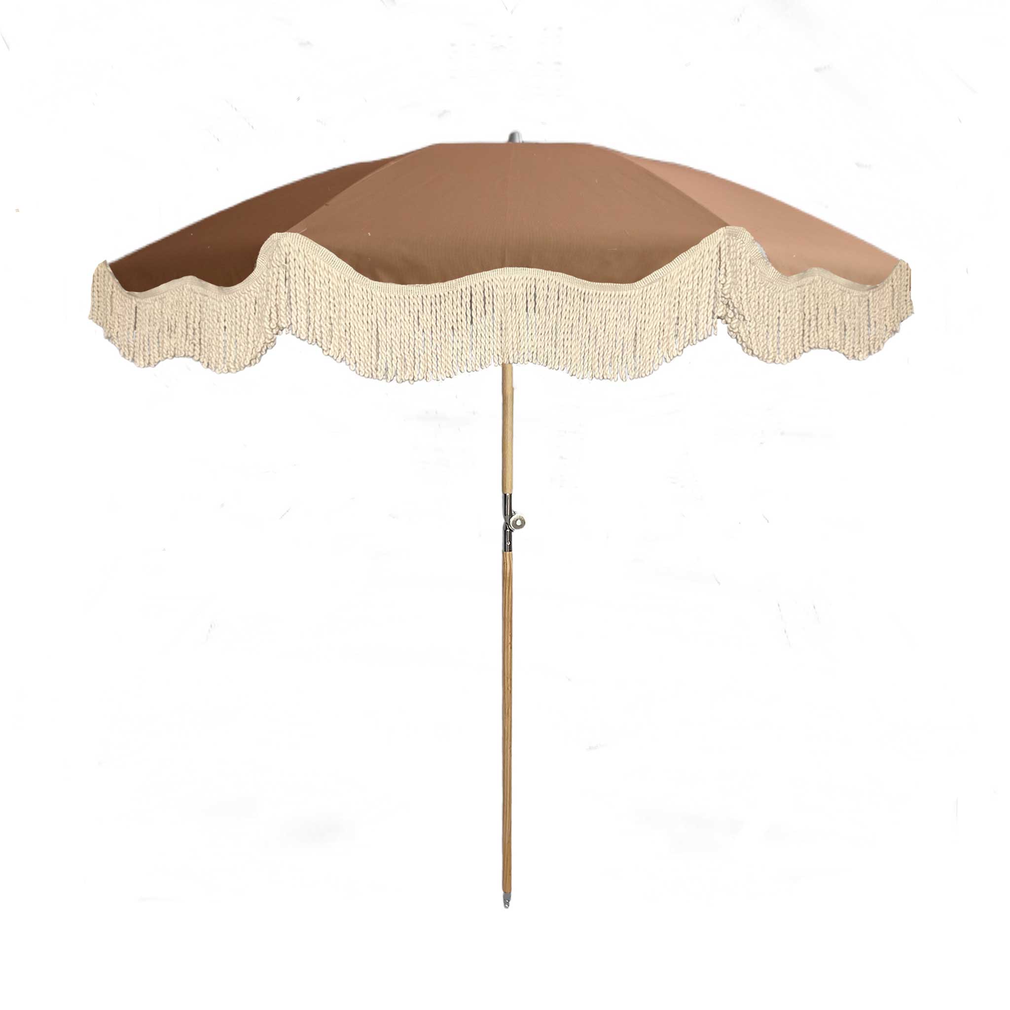 The Brenda timeless chic parasol with natural cotton fringing, adjustable wooden frame pole, collapsible design, and matching canvas carry bag.