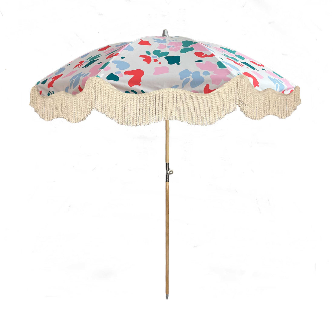 The Florence boho chic parasol with vibrant floral pattern, natural cotton fringing, adjustable wooden frame pole, collapsible design, and matching canvas carry bag.