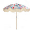 The Florence boho chic parasol with vibrant floral pattern, natural cotton fringing, adjustable wooden frame pole, collapsible design, and matching canvas carry bag.