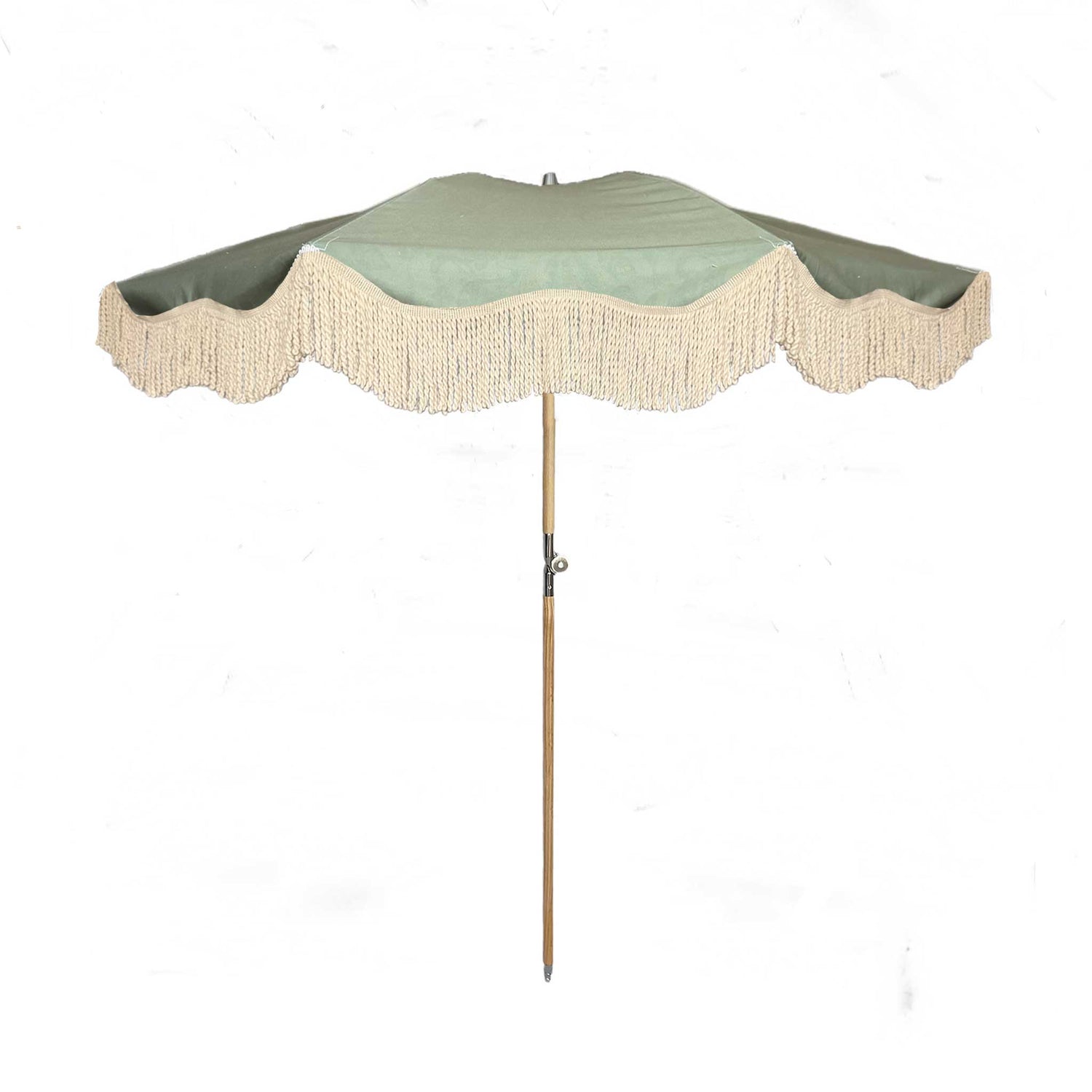 Bridget olive green parasol with natural cotton fringing, floral inner pattern, wooden frame, adjustable positioning, collapsible design, and matching canvas carry bag.