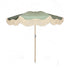 Bridget olive green parasol with natural cotton fringing, floral inner pattern, wooden frame, adjustable positioning, collapsible design, and matching canvas carry bag.