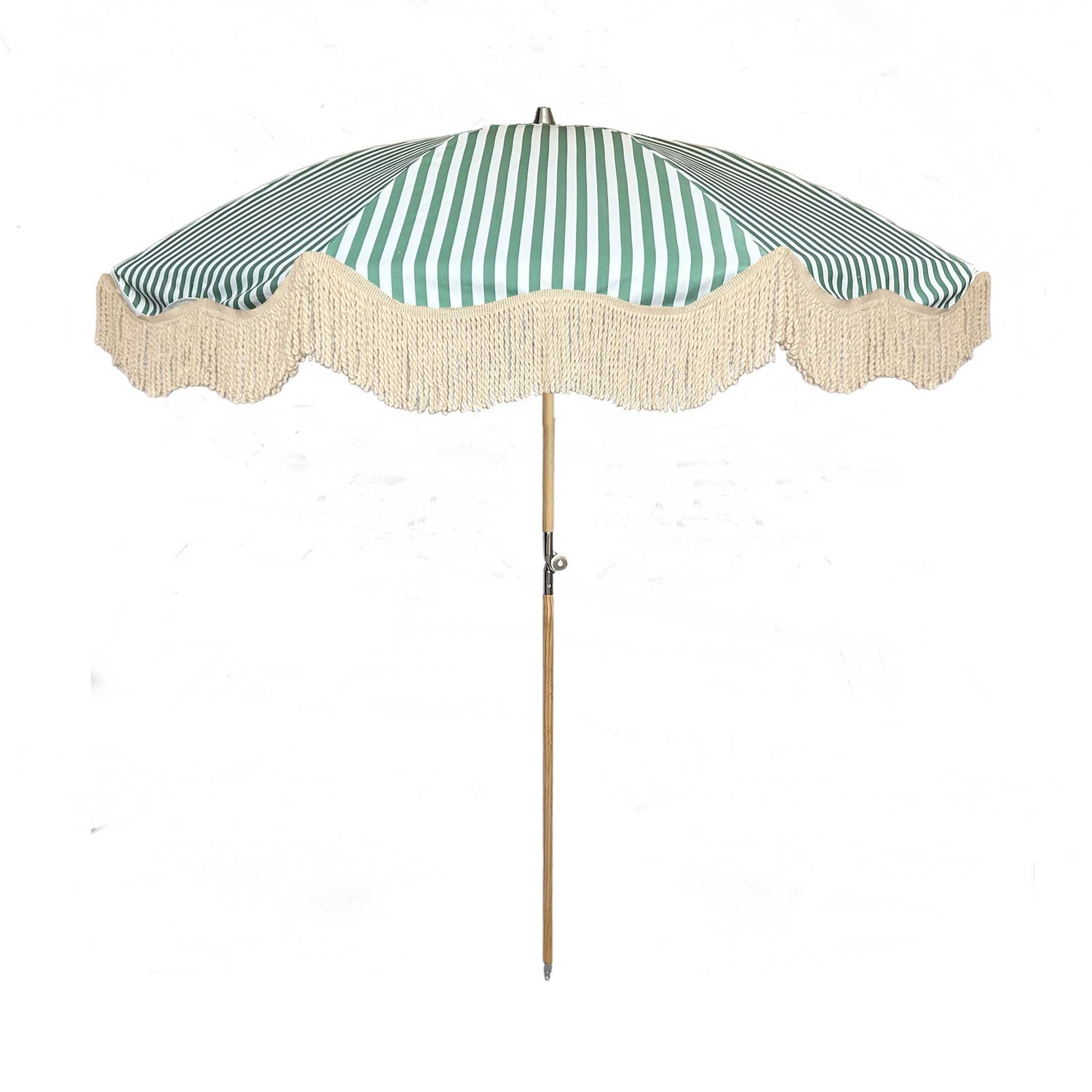 The Theodore luxury parasol with natural cotton fringing, wooden frame pole, adjustable positioning, collapsible design, and matching canvas carry bag.