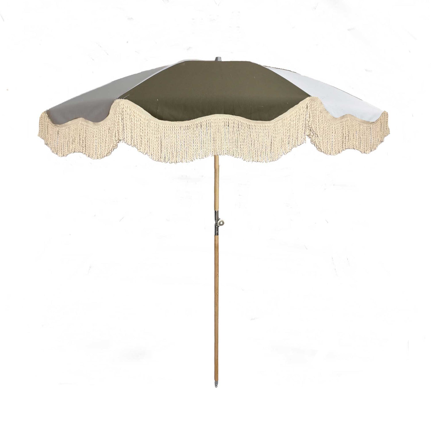 The Salma timeless chic parasol with natural cotton fringing, wooden frame pole, adjustable positioning, collapsible design, and matching canvas carry bag.
