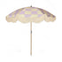 The Mabel boho chic parasol with lilac and cream checkerboard print, natural cotton fringing, adjustable wooden frame pole, collapsible design, and matching canvas carry bag.