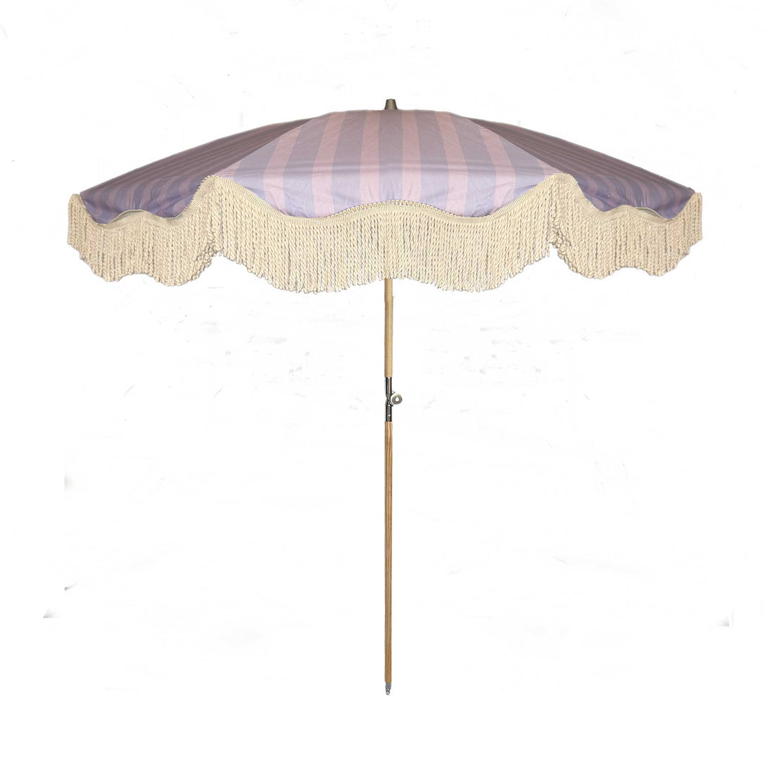 Lilac striped parasol with natural cotton fringing, featuring an authentic wooden frame and adjustable positioning, perfect for gardens, patios, and outdoor events.