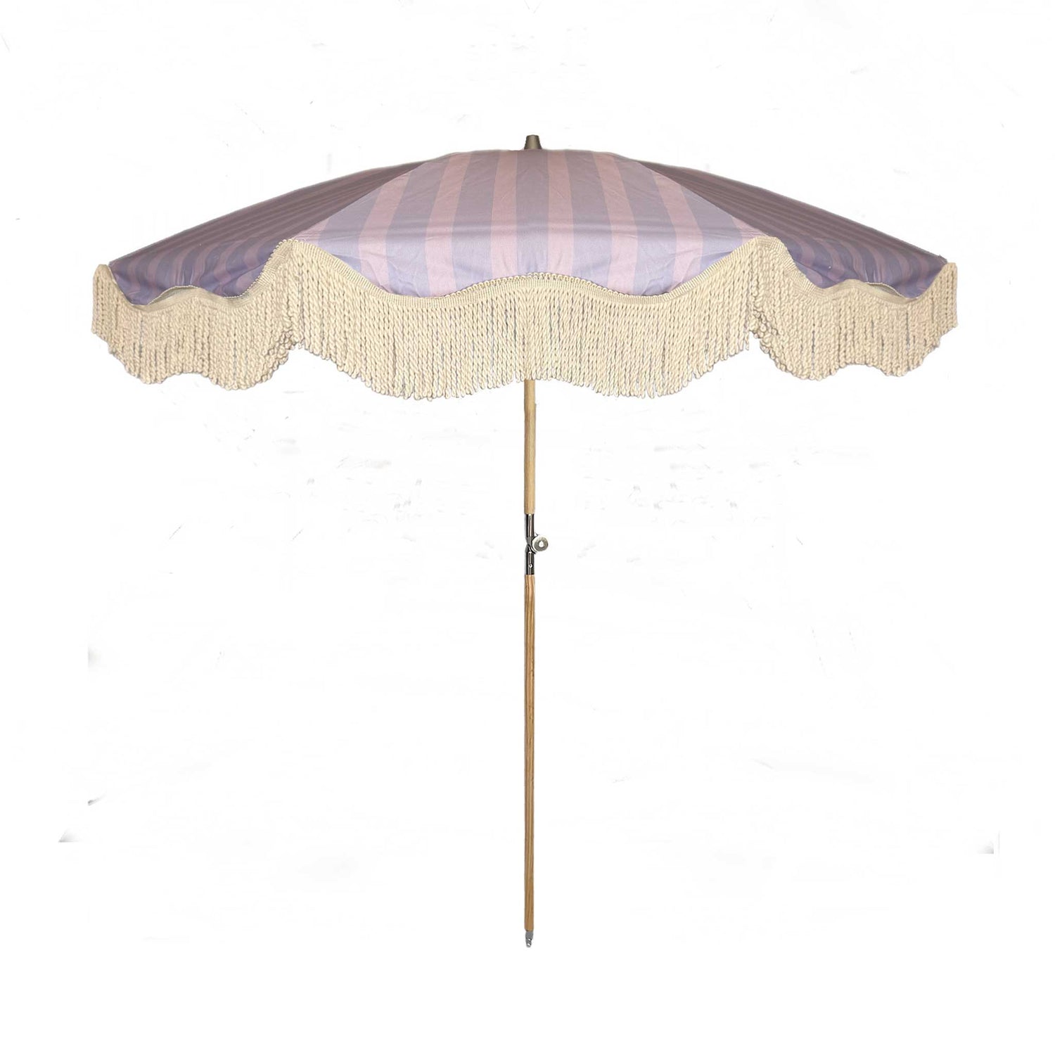 Lilac striped parasol with natural cotton fringing, featuring an authentic wooden frame and adjustable positioning, perfect for gardens, patios, and outdoor events.