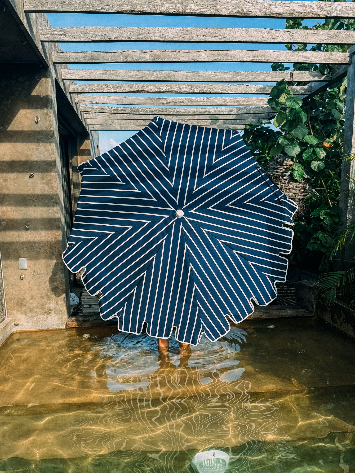Matilda navy and white striped parasol with scalloped edging and beech wood frame