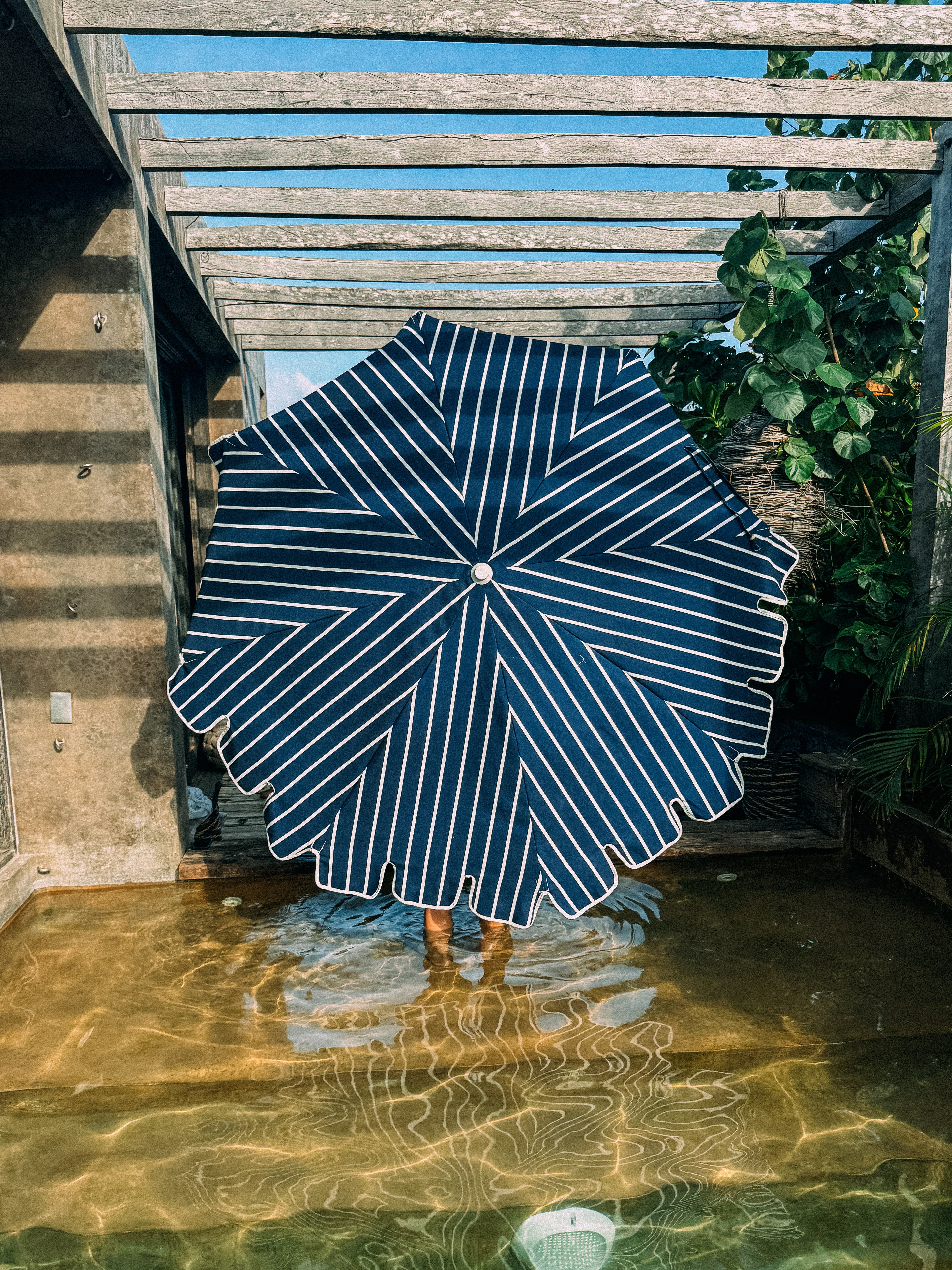 Matilda navy and white striped parasol with scalloped edging and beech wood frame