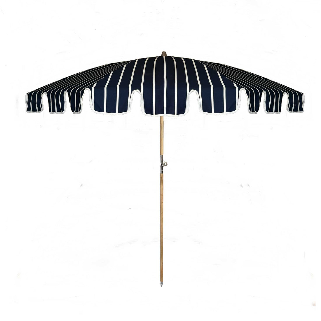 Matilda navy and white striped parasol with scalloped edging and beech wood frame