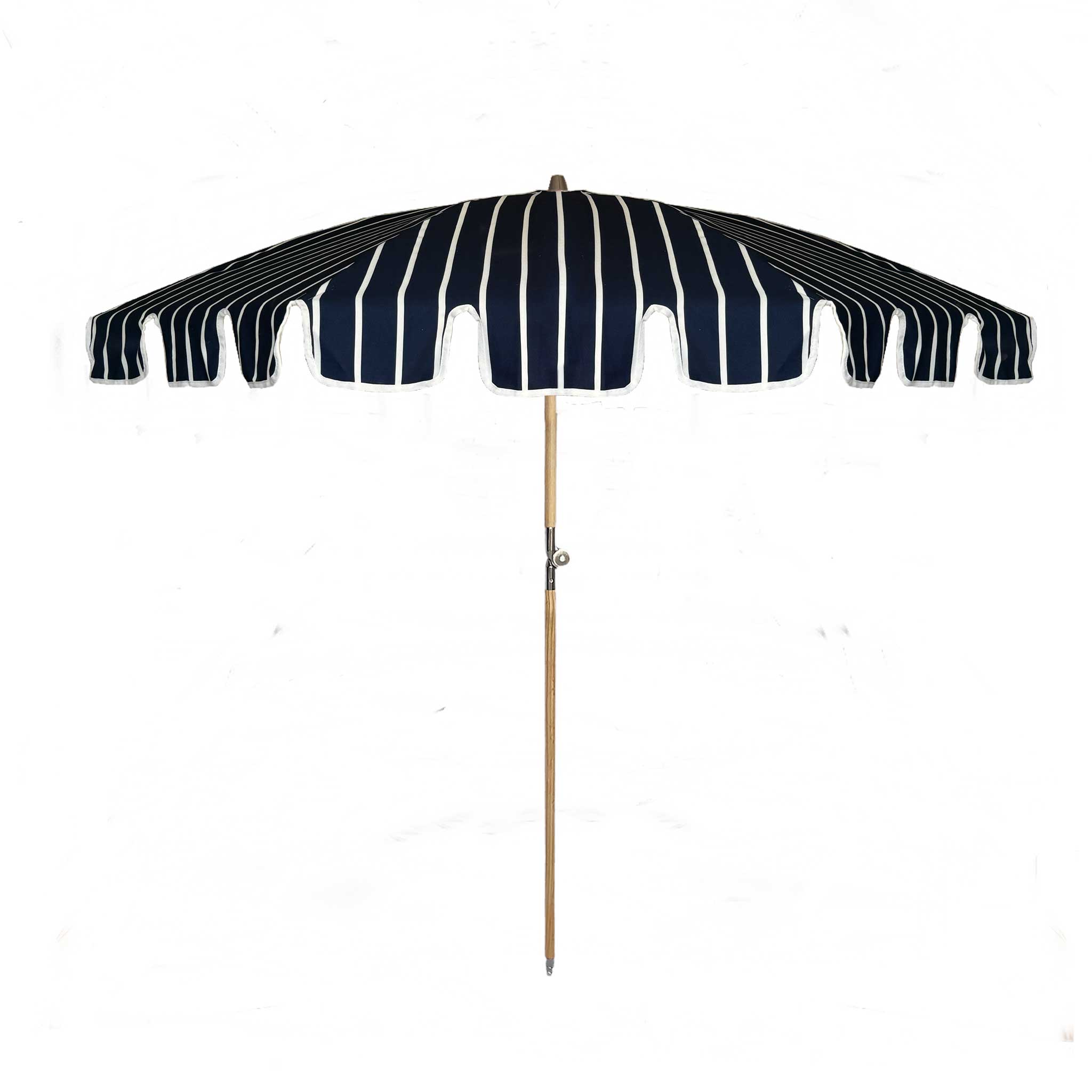 Matilda navy and white striped parasol with scalloped edging and beech wood frame