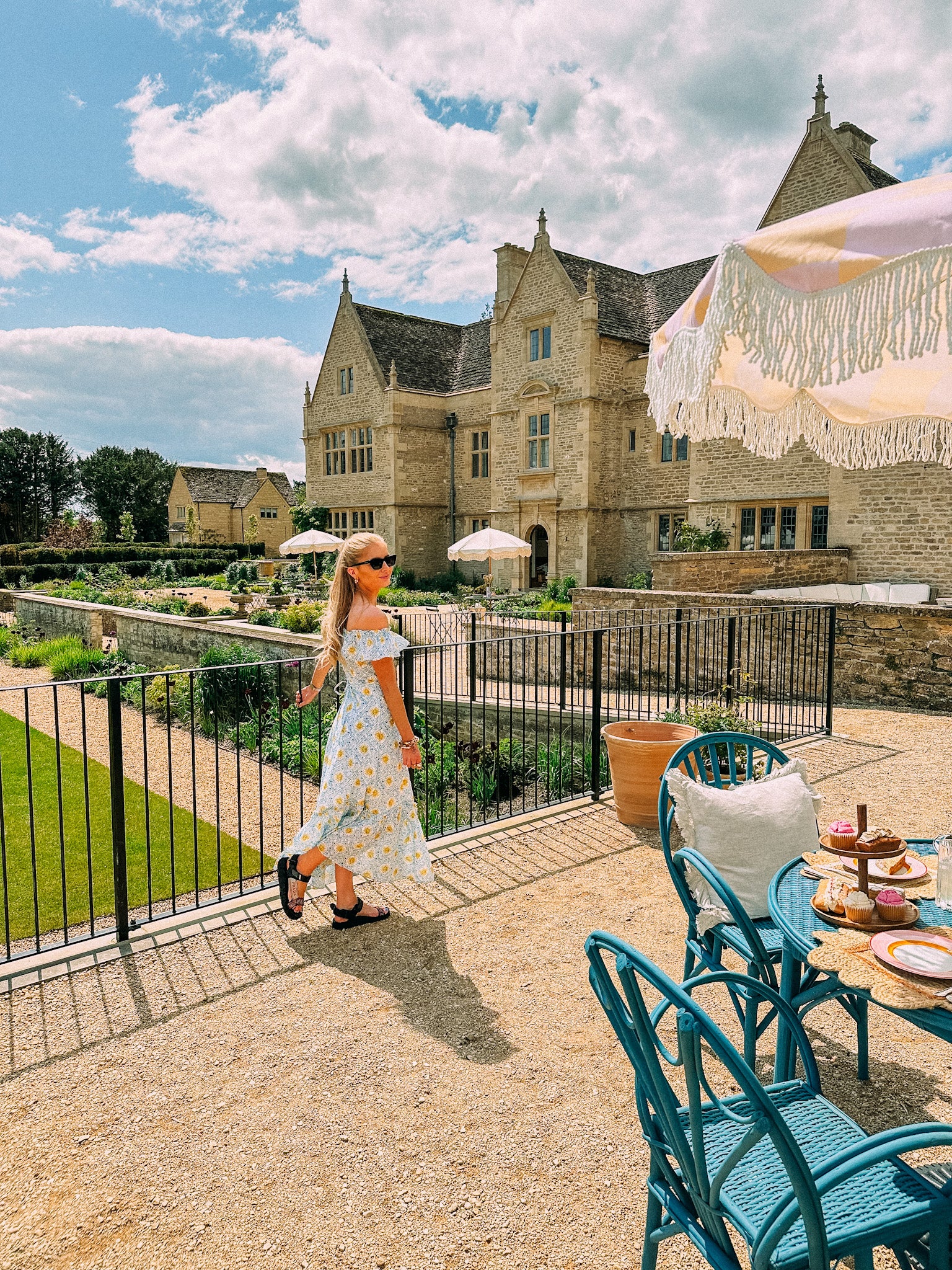 garden decor parasol umbrella with fringing.