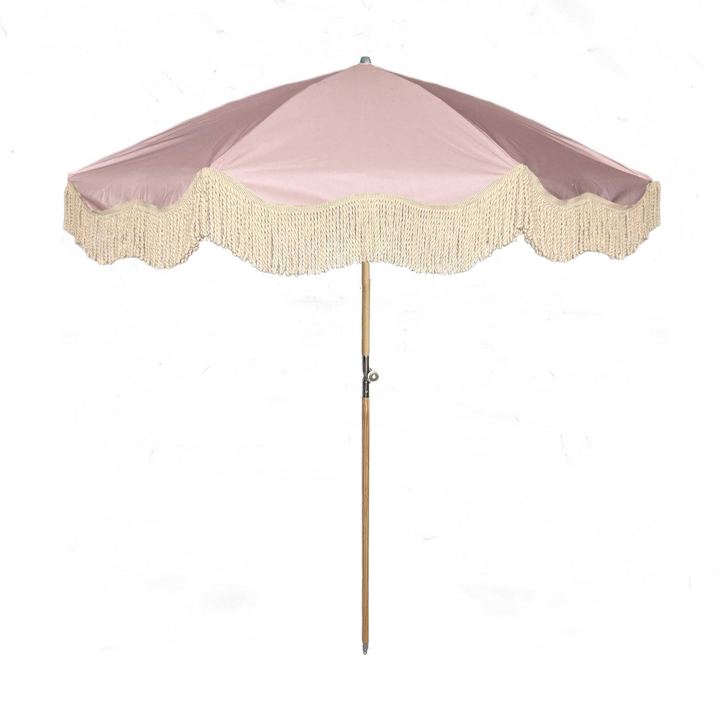 The Penelope pale pink boho chic parasol with natural cotton fringing, adjustable wooden frame pole, collapsible design, and matching canvas carry bag.