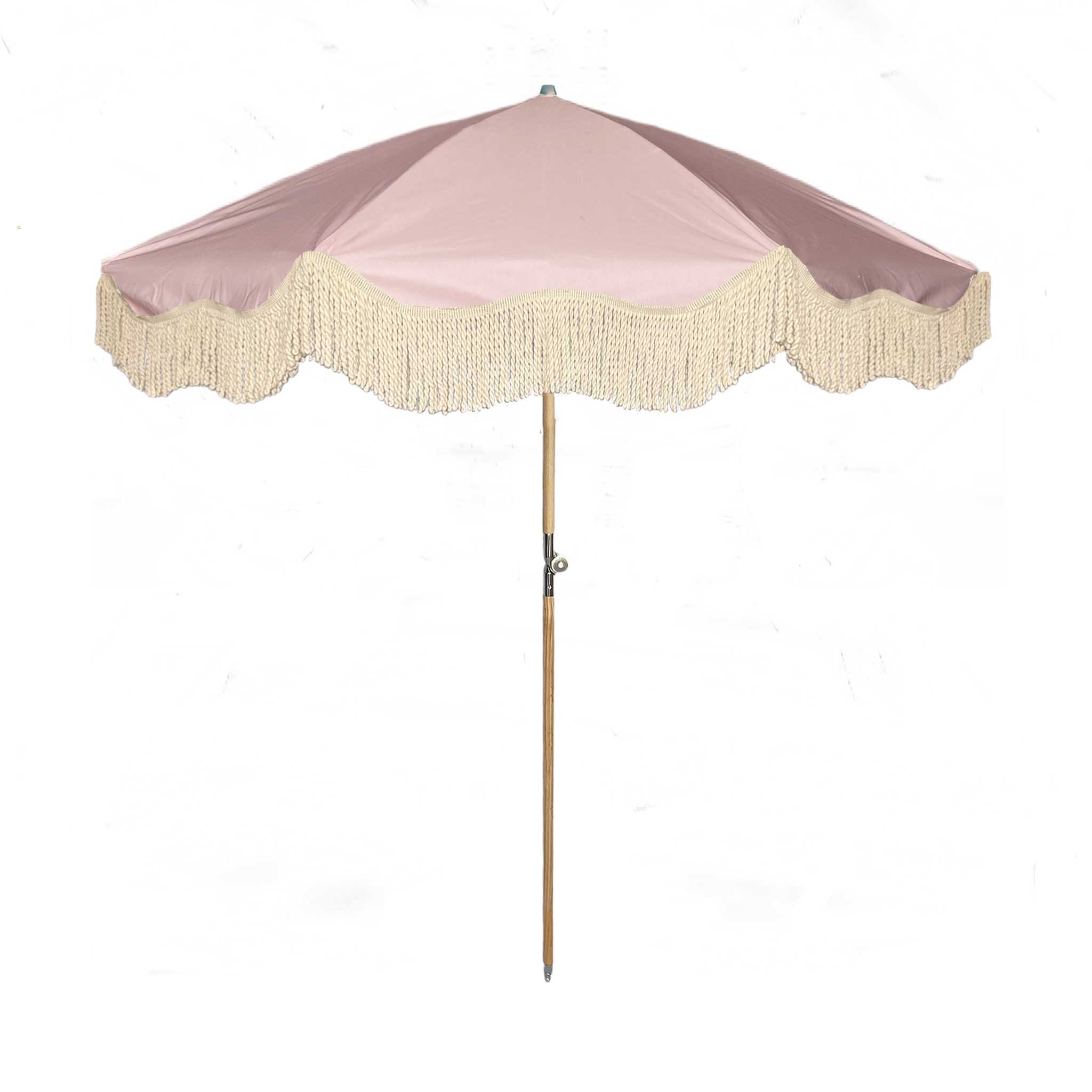 The Penelope pale pink boho chic parasol with natural cotton fringing, adjustable wooden frame pole, collapsible design, and matching canvas carry bag.