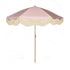 The Penelope pale pink boho chic parasol with natural cotton fringing, adjustable wooden frame pole, collapsible design, and matching canvas carry bag.