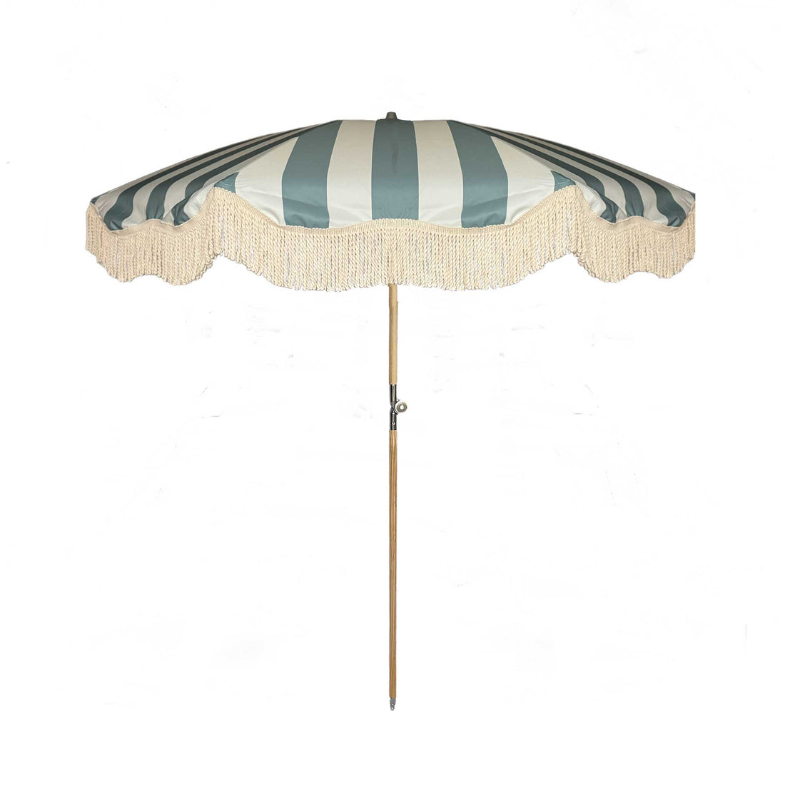 Pastel blue and cream striped parasol with natural cotton fringing, featuring an authentic wooden frame, adjustable positioning, and a collapsible design, perfect for gardens and patios