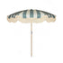Pastel blue and cream striped parasol with natural cotton fringing, featuring an authentic wooden frame, adjustable positioning, and a collapsible design, perfect for gardens and patios