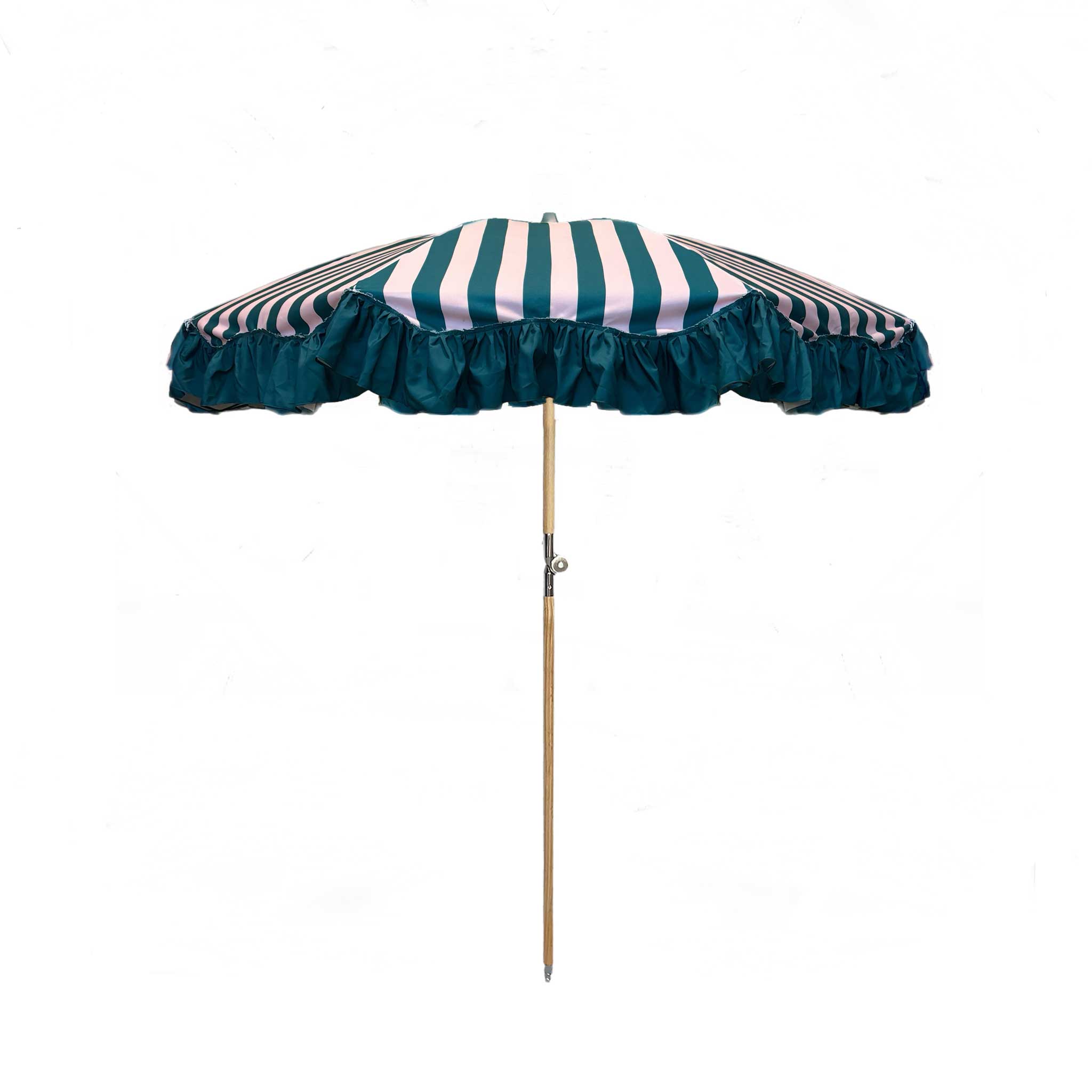 Polly parasol with pink and green stripes, dreamy ruffle edging, wooden frame, adjustable positioning, collapsible design, and matching canvas carry bag.