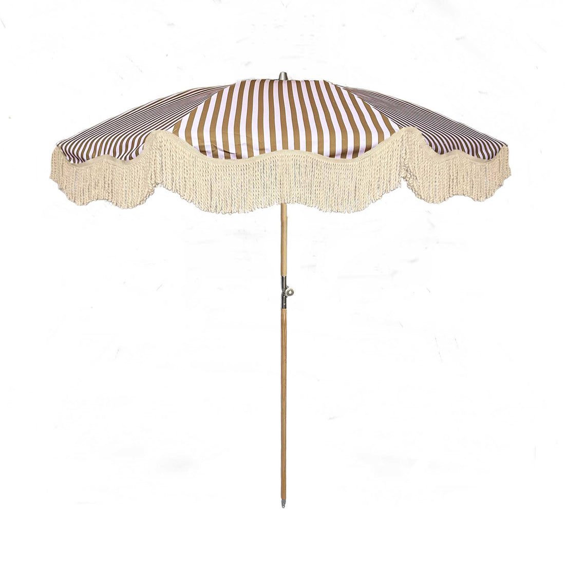 The Gigi luxury pink and camel striped parasol with natural cotton fringing, wooden frame pole, adjustable positioning, collapsible design, and matching carry bag.
