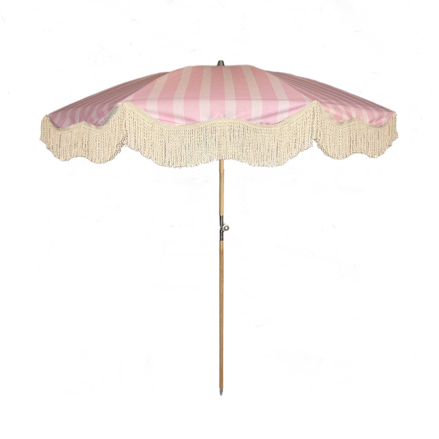 Pink on pink striped parasol with natural cotton fringing, featuring an authentic wooden frame and adjustable positioning, perfect for gardens, patios, and outdoor events