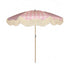 Pink on pink striped parasol with natural cotton fringing, featuring an authentic wooden frame and adjustable positioning, perfect for gardens, patios, and outdoor events