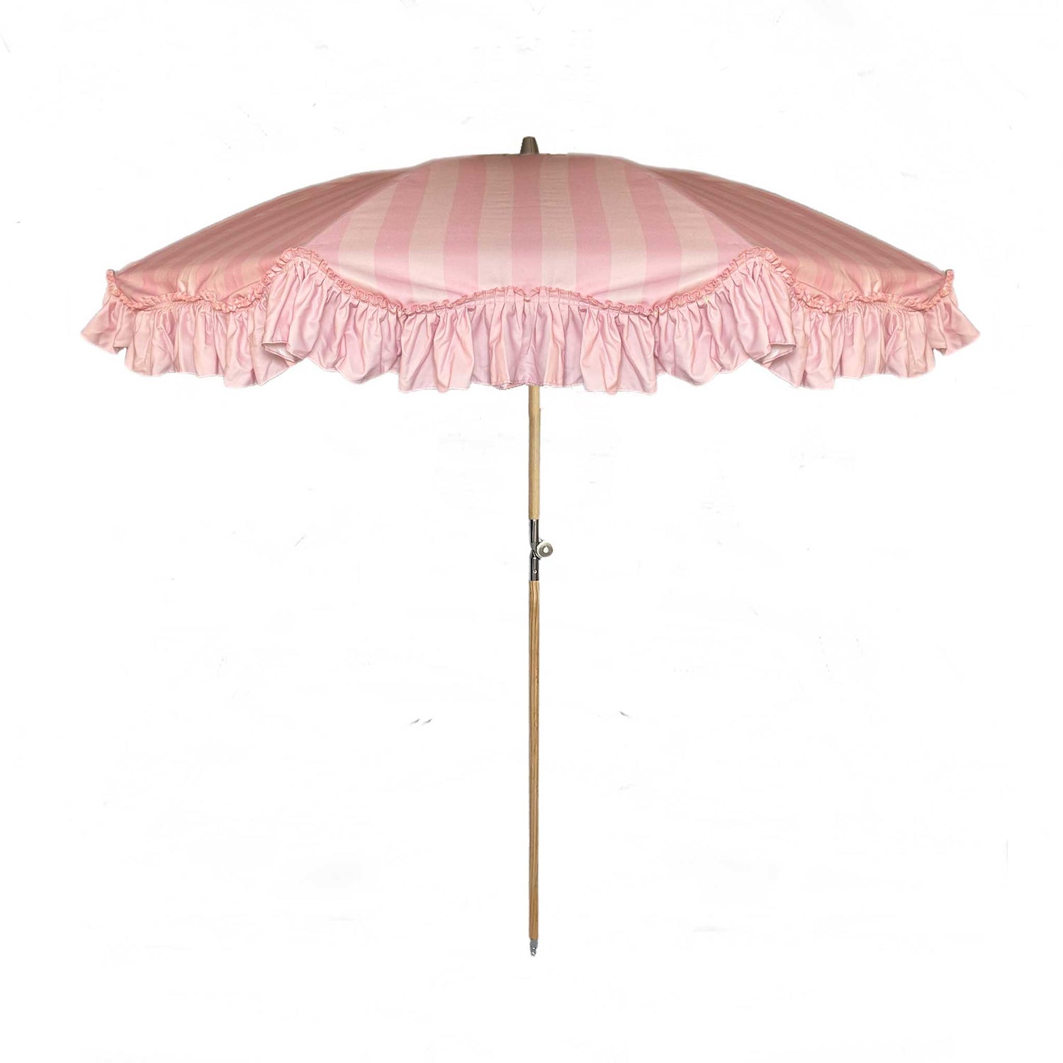 Poppy pink striped parasol with ruffled edging and beech wood frame