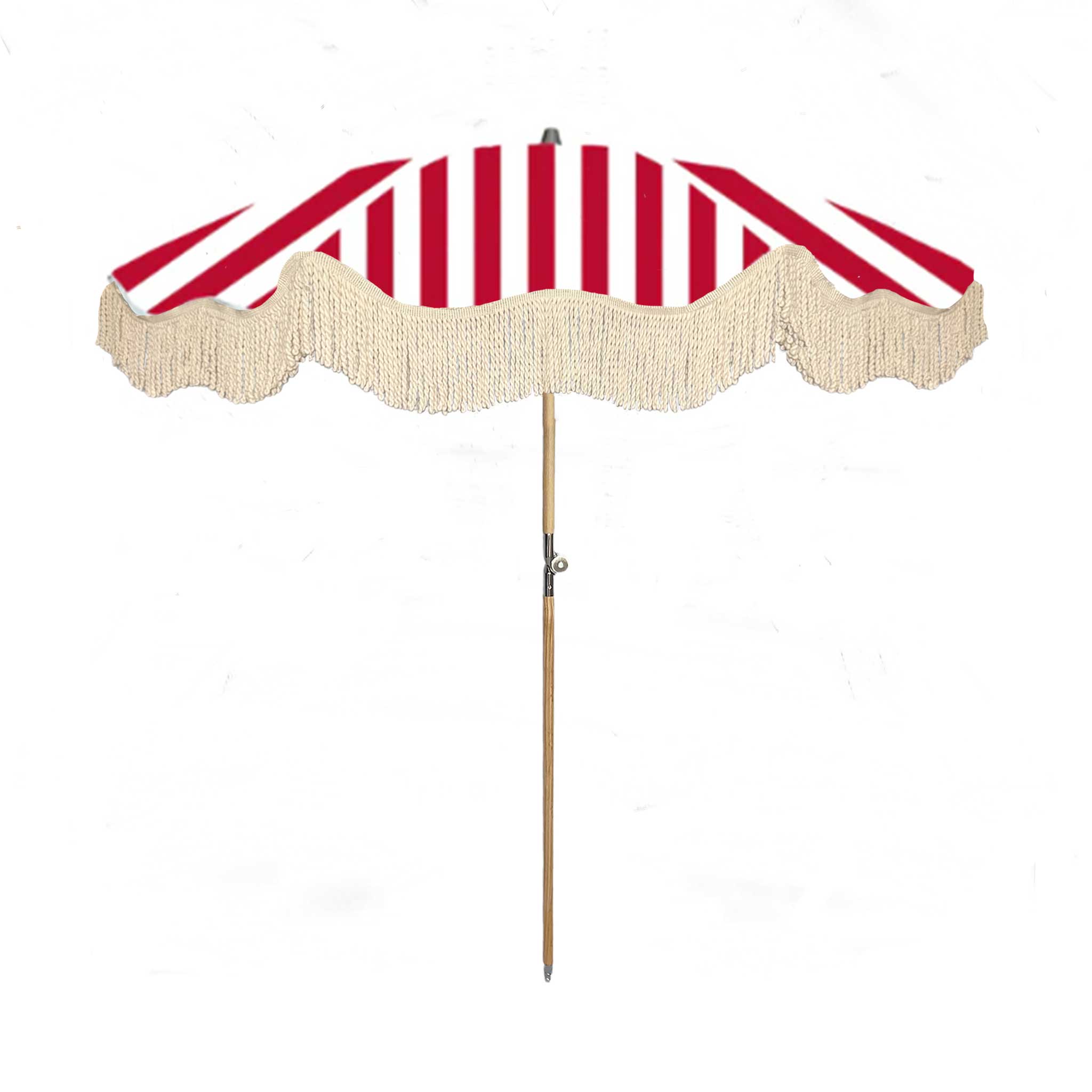 Harry parasol with red and white stripes, natural cotton fringing, wooden frame, adjustable positioning, and matching canvas carry bag.