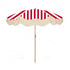 Harry parasol with red and white stripes, natural cotton fringing, wooden frame, adjustable positioning, and matching canvas carry bag.