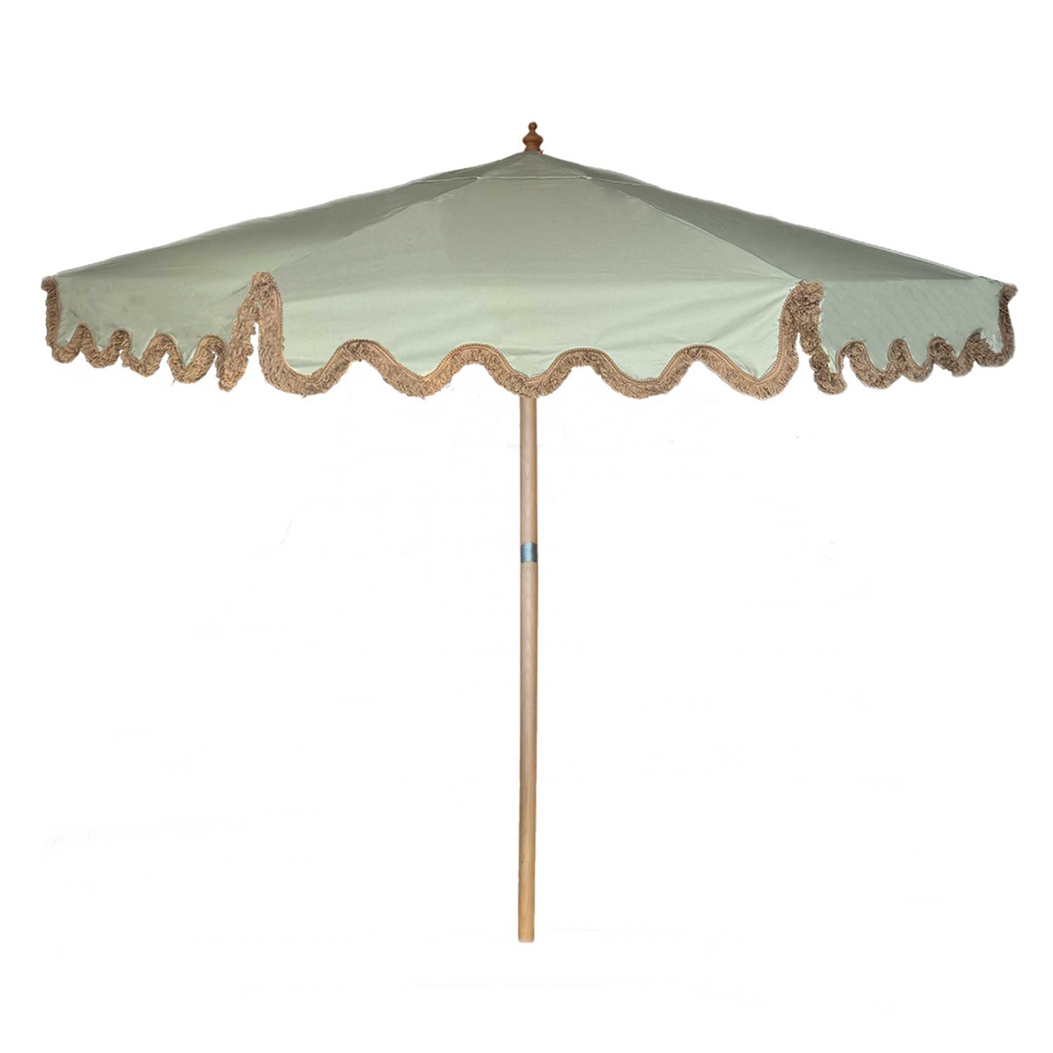 Willow sage green parasol with brown fringed wavy edge and wooden frame