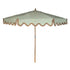 Willow sage green parasol with brown fringed wavy edge and wooden frame