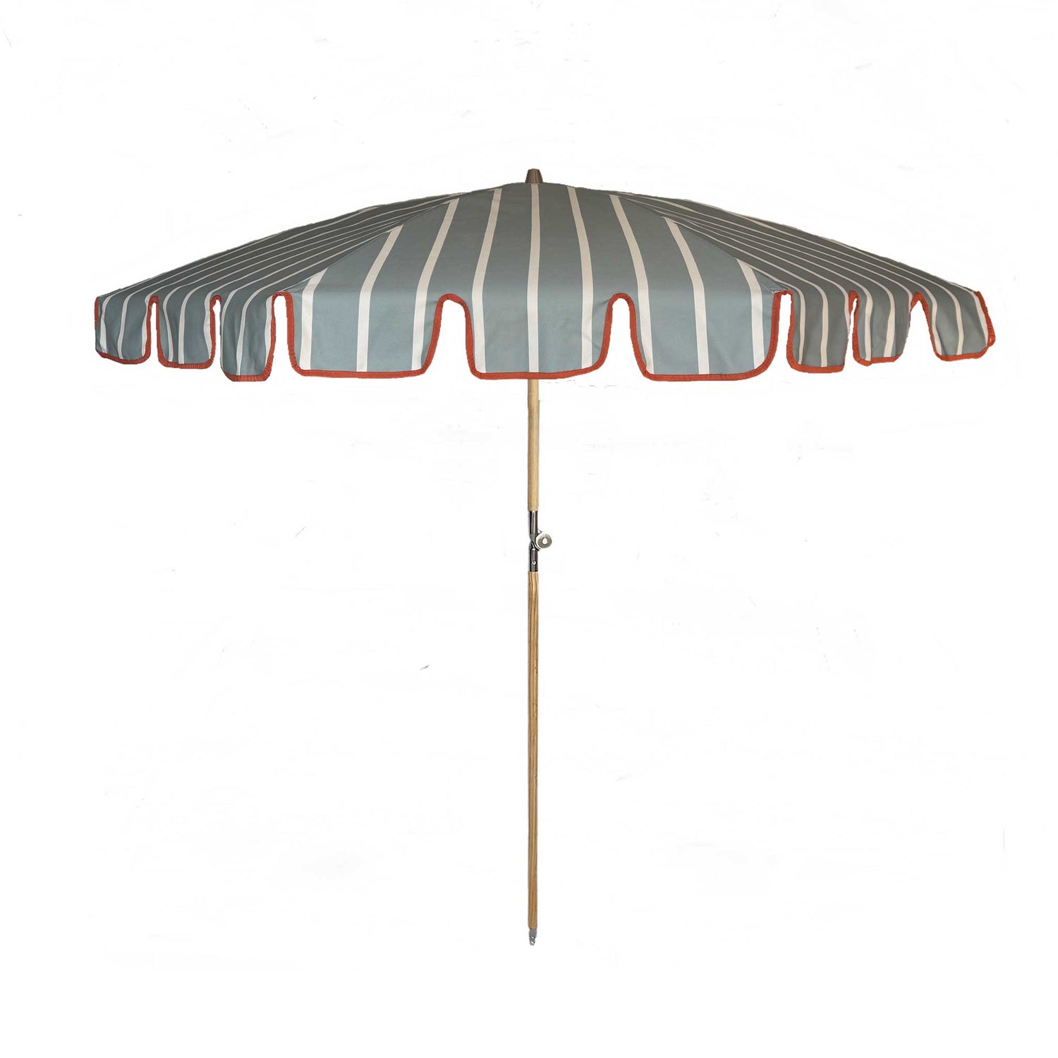 Freddie sage green and white striped parasol with orange-taped scallop edge and beech wood frame