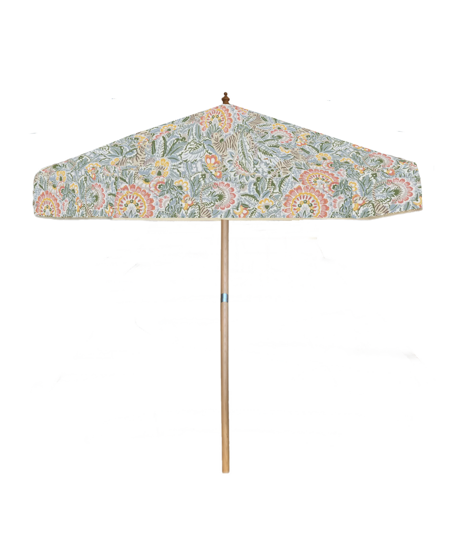 Floral Printed Parasol / Sun Umbrella in Liberty London fabric. Mix of colours including grey, yellow, pink, green. Fully wooden parasol, perfect for gardens and patios.