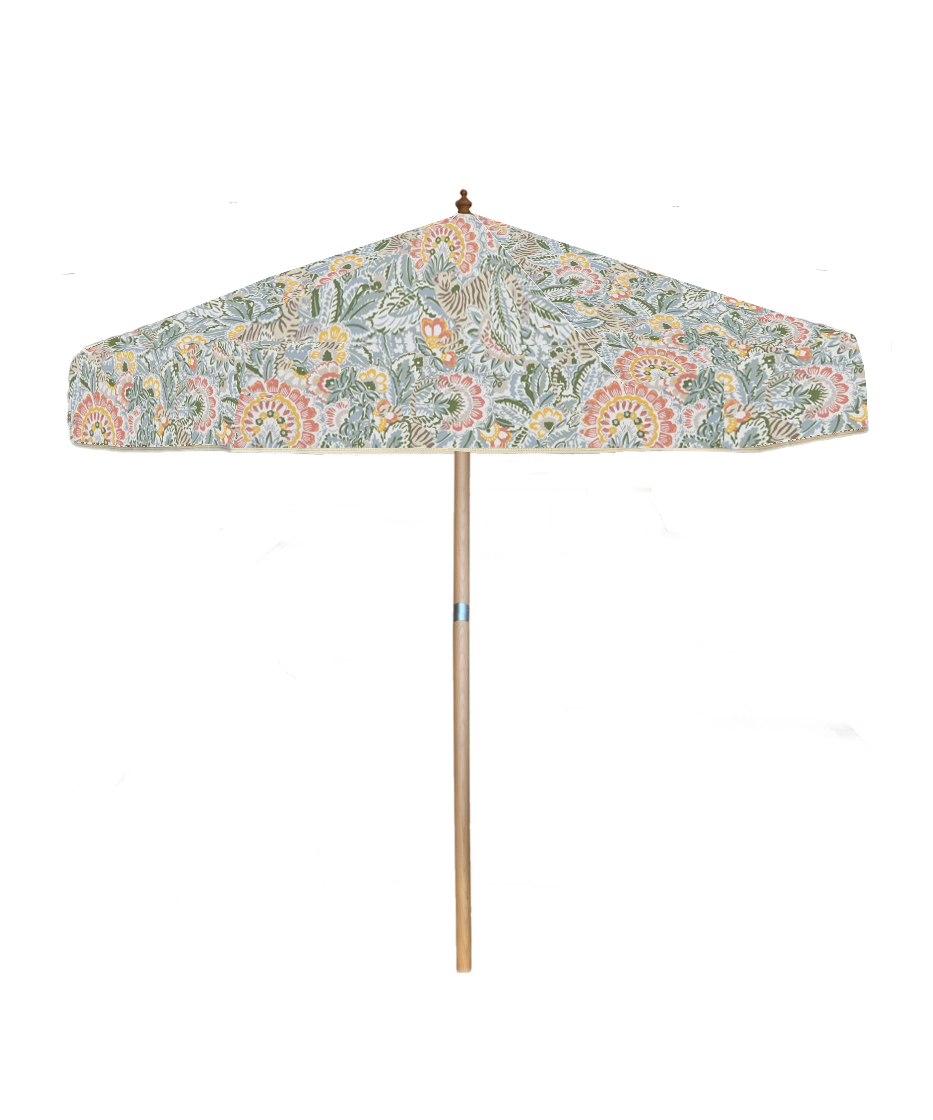 Floral Printed Parasol / Sun Umbrella in Liberty London fabric. Mix of colours including grey, yellow, pink, green. Fully wooden parasol, perfect for gardens and patios.