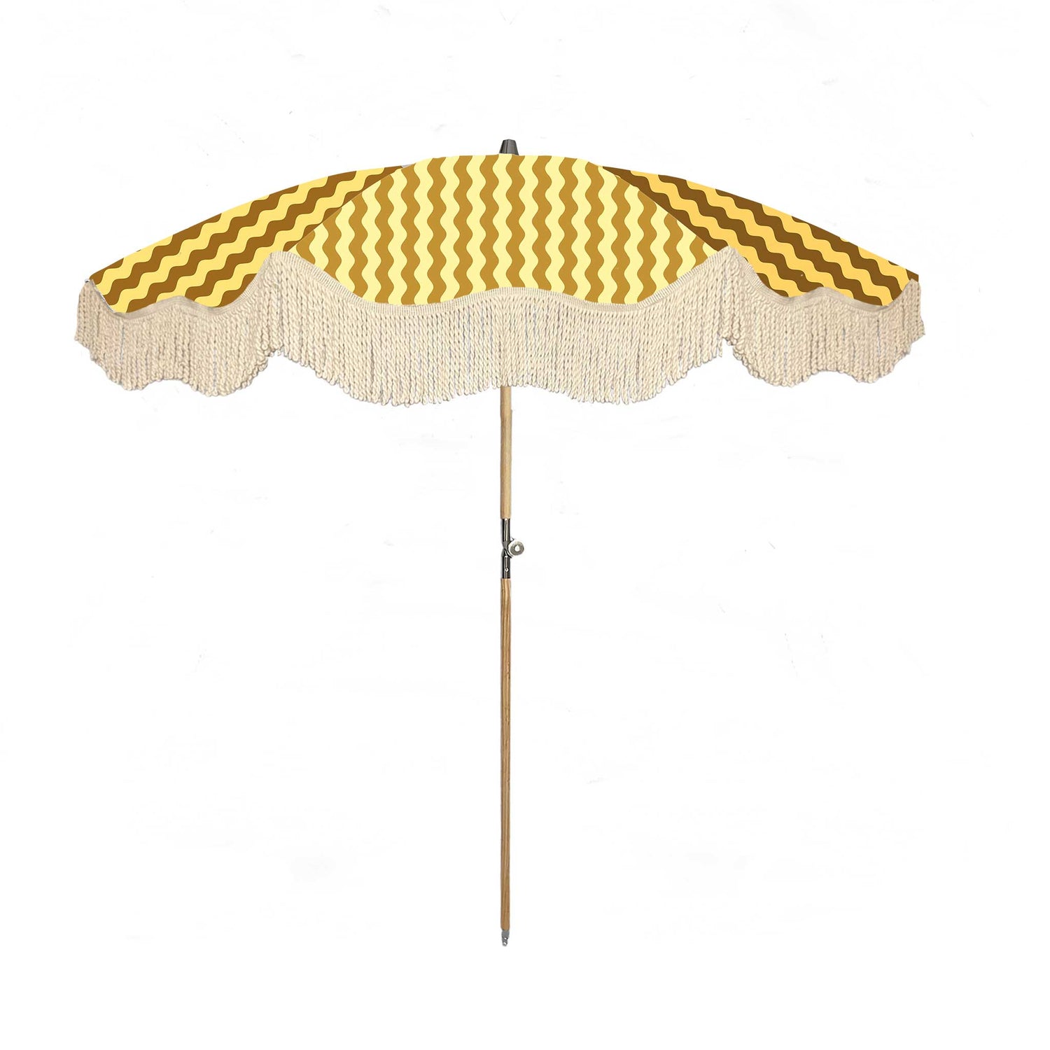 Magic Hour parasol with wiggle stripes in Lemon Sorbet and Gold Leaf, wooden frame, adjustable positioning, collapsible design, and matching canvas carry bag.