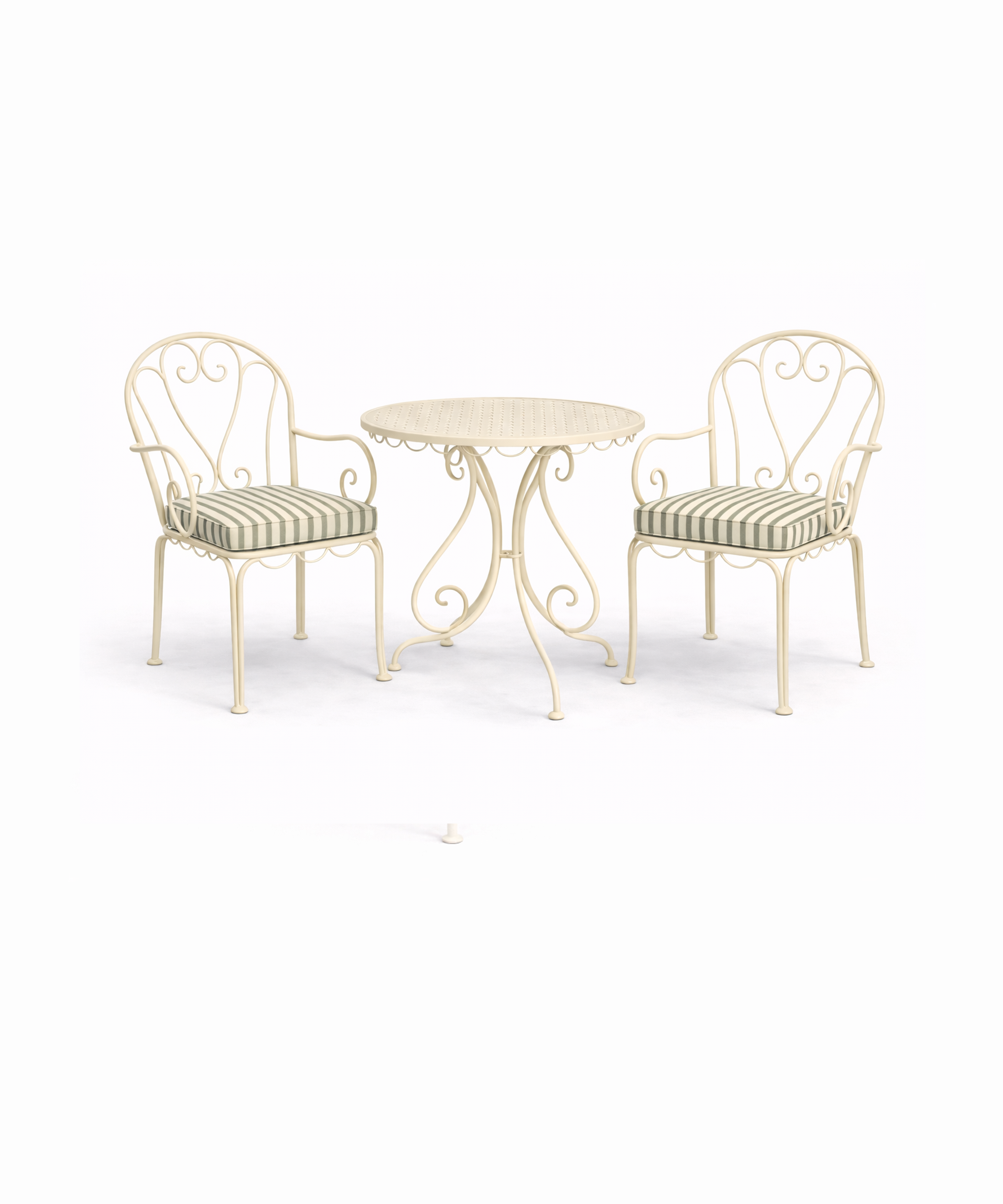 Green striped outdoor seat cushion on cream metal garden chair