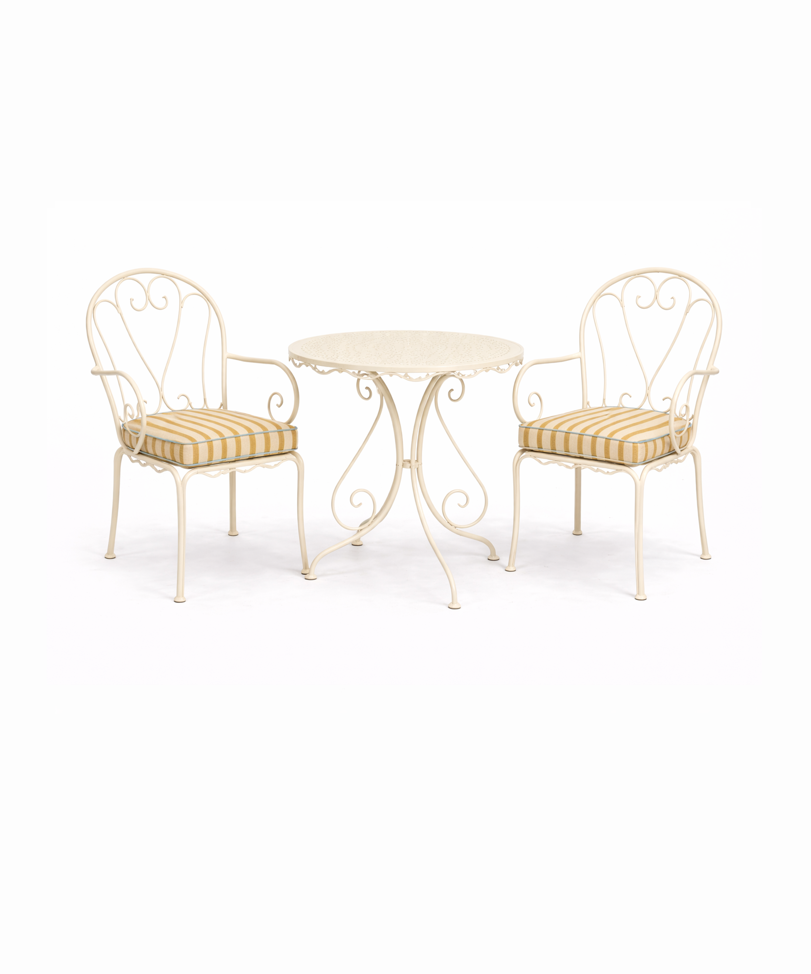 Ochre striped outdoor seat cushion on cream metal garden chair