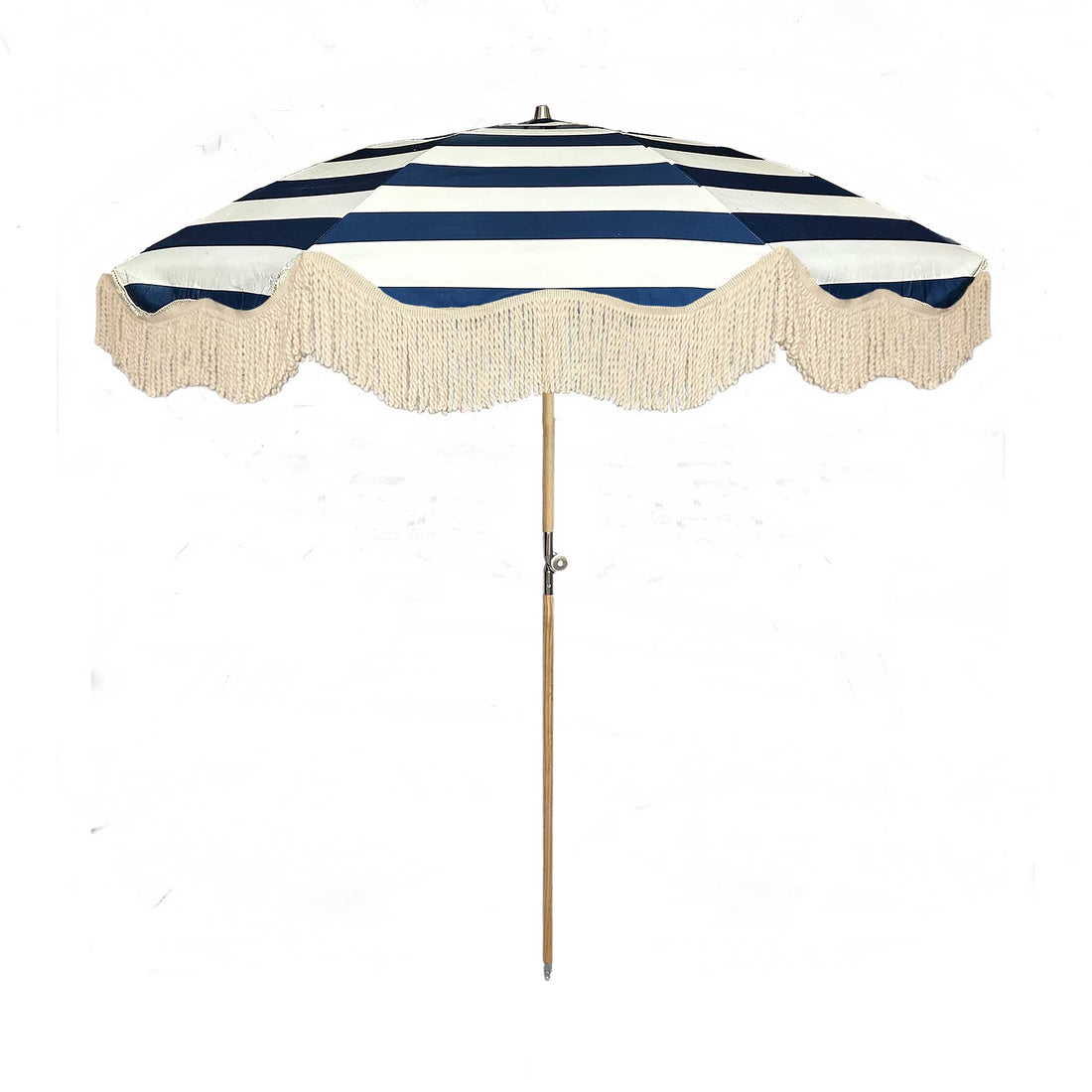 The Hugo timeless chic parasol with natural cotton fringing, wooden frame pole, adjustable positioning, collapsible design, and matching canvas carry bag.