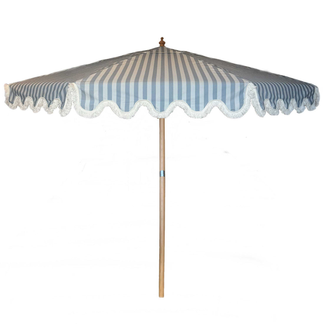 Rupert blue striped parasol with wavy fringed edge and durable frame, perfect for garden or patio