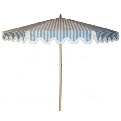 Rupert blue striped parasol with wavy fringed edge and durable frame, perfect for garden or patio