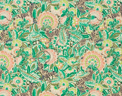 Milo fringed Liberty print garden parasol with wooden frame. Elegant Milo fringed garden parasol with UV-protective Liberty fabric and wooden frame. Floral green patterned fringed parasol with tigers.
