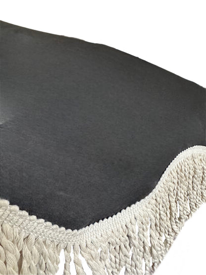 The Dorothy luxury black parasol with natural cotton fringing, wooden frame pole, adjustable positioning, collapsible design, signature logo panel, and matching carry bag.&quot;