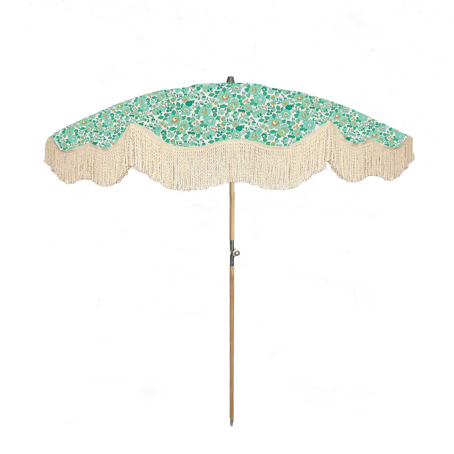Jade parasol featuring vintage Liberty print and natural cotton fringing, perfect for outdoor spaces. Green floral design in classic liberty green print.