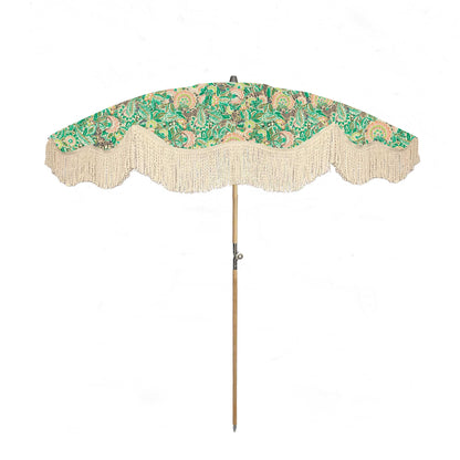 Milo fringed Liberty print garden parasol with wooden frame. Elegant Milo fringed garden parasol with UV-protective Liberty fabric and wooden frame. Floral green patterned fringed parasol with tigers.