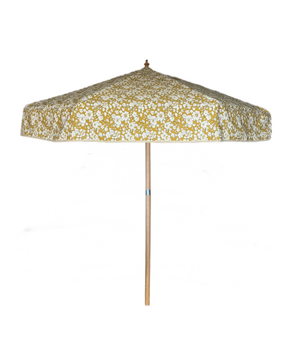 Betsy Liberty print garden parasol with monochrome floral design and sturdy wooden frame. Betsy Liberty print parasol featuring monochrome floral design, durable wooden frame, and smooth pulley system